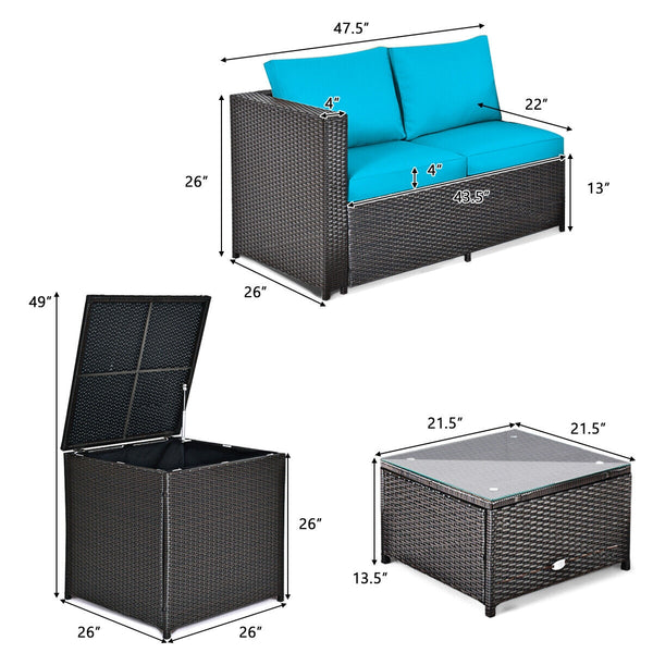 Made of rattan with good toughness and weather-resistant function<br>Reinforced steel frame with excellent stability<br>Padded seat and back cushions for soft and comfortable sitting feeling<br>Coffee table with tempered glass for strong supporting<br>End