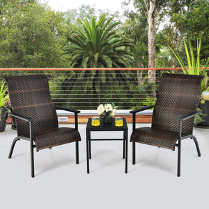 Made of weather-resistant PE rattan and thickened steel pipes with powder coating  this outdoor bistro set can stand the test of time. Â  Which also can be a beautiful addition to your garden  lawn  backyard  patio  balcony or other indoor areas. With com