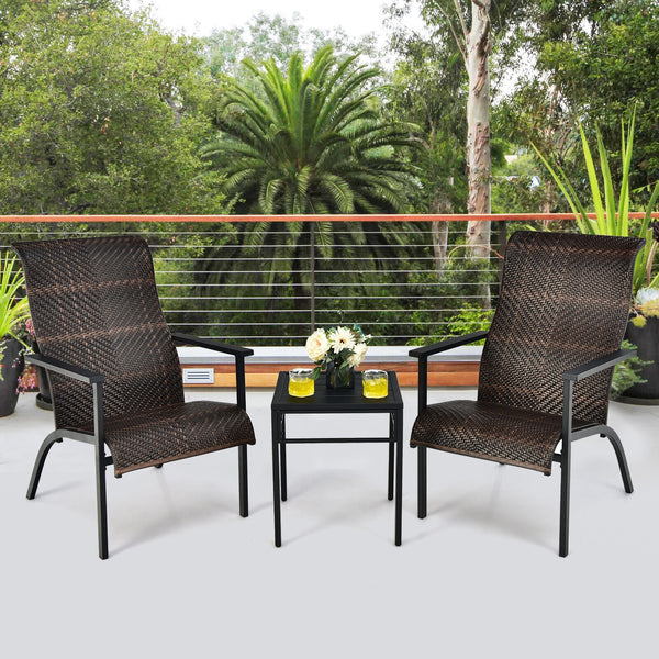 Made of weather-resistant PE rattan and thickened steel pipes with powder coating  this outdoor bistro set can stand the test of time. Â  Which also can be a beautiful addition to your garden  lawn  backyard  patio  balcony or other indoor areas. With com
