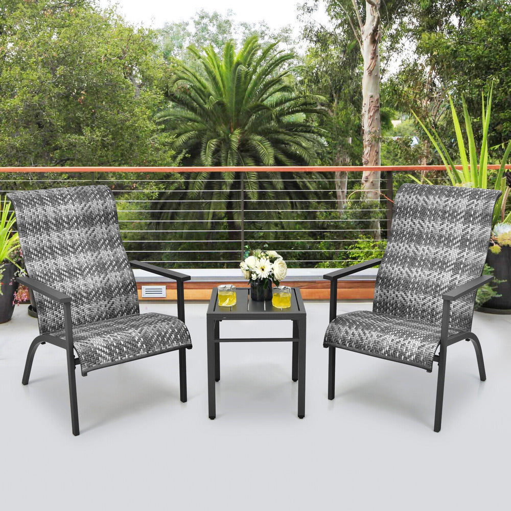 Made of weather-resistant PE rattan and thickened steel pipes with powder coating  this outdoor bistro set can stand the test of time. Â  Which also can be a beautiful addition to your garden  lawn  backyard  patio  balcony or other indoor areas. With com