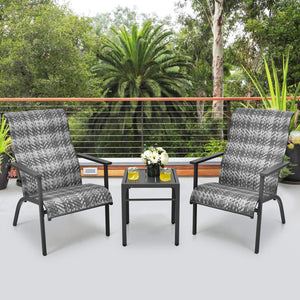 Made of weather-resistant PE rattan and thickened steel pipes with powder coating  this outdoor bistro set can stand the test of time. Â  Which also can be a beautiful addition to your garden  lawn  backyard  patio  balcony or other indoor areas. With com