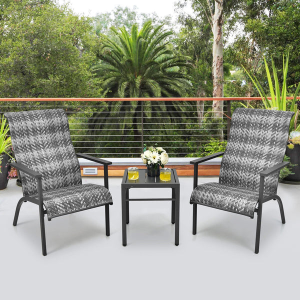 Made of weather-resistant PE rattan and thickened steel pipes with powder coating  this outdoor bistro set can stand the test of time. Â  Which also can be a beautiful addition to your garden  lawn  backyard  patio  balcony or other indoor areas. With com