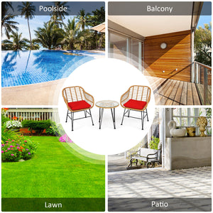 Premium wicker ensures high resistance to weather/sunlight/water<br>Heavy-duty steel frame with rust-resistant powder coated surface<br>High density sponge padded cushions provide great comfort<br>Tempered glass tabletop to place small decor  snacks and d