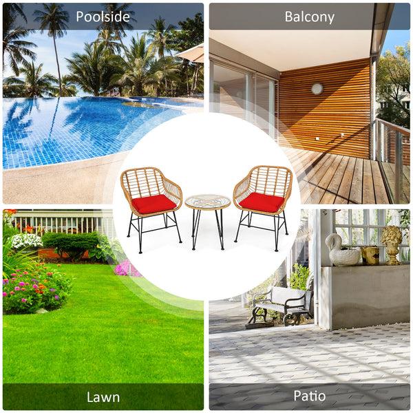 Premium wicker ensures high resistance to weather/sunlight/water<br>Heavy-duty steel frame with rust-resistant powder coated surface<br>High density sponge padded cushions provide great comfort<br>Tempered glass tabletop to place small decor  snacks and d