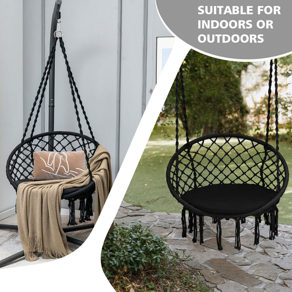 Great ways for indoor or outdoor relaxation with gentle swinging Inclined backrest and soft padded cushion for ultimate comfort Can be hung in 2 ways for different hanging places Included accessories (1 x S-shaped hook  1 x snap hook and 1 x strap) for gr