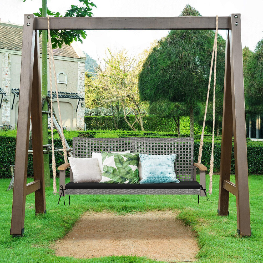 Spacious seat with 47" width allows 2 people to swing together<br>Curved seat  backrest and acacia wood armrests for more comfort<br>Heavy-duty steel frame ensures 800 lbs load capacity<br>Mix gray PE rattan is elegant and weather resistant<br>Include a c