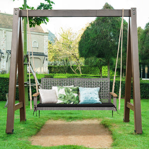 Spacious seat with 47" width allows 2 people to swing together<br>Curved seat  backrest and acacia wood armrests for more comfort<br>Heavy-duty steel frame ensures 800 lbs load capacity<br>Mix gray PE rattan is elegant and weather resistant<br>Include a c