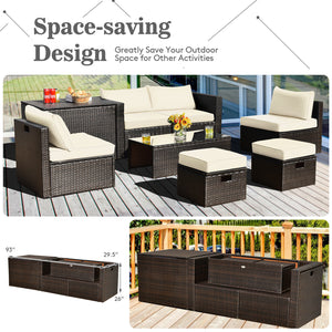 8-piece seat for more creative combinations Fetch different belongings with ease because of the practical coffee table Sturdier and safer to use with high quality tempered glass tabletop Soft and thick cushions for ultimate coziness Hold the ottomans' cus
