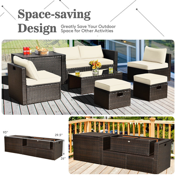 8-piece seat for more creative combinations Fetch different belongings with ease because of the practical coffee table Sturdier and safer to use with high quality tempered glass tabletop Soft and thick cushions for ultimate coziness Hold the ottomans' cus