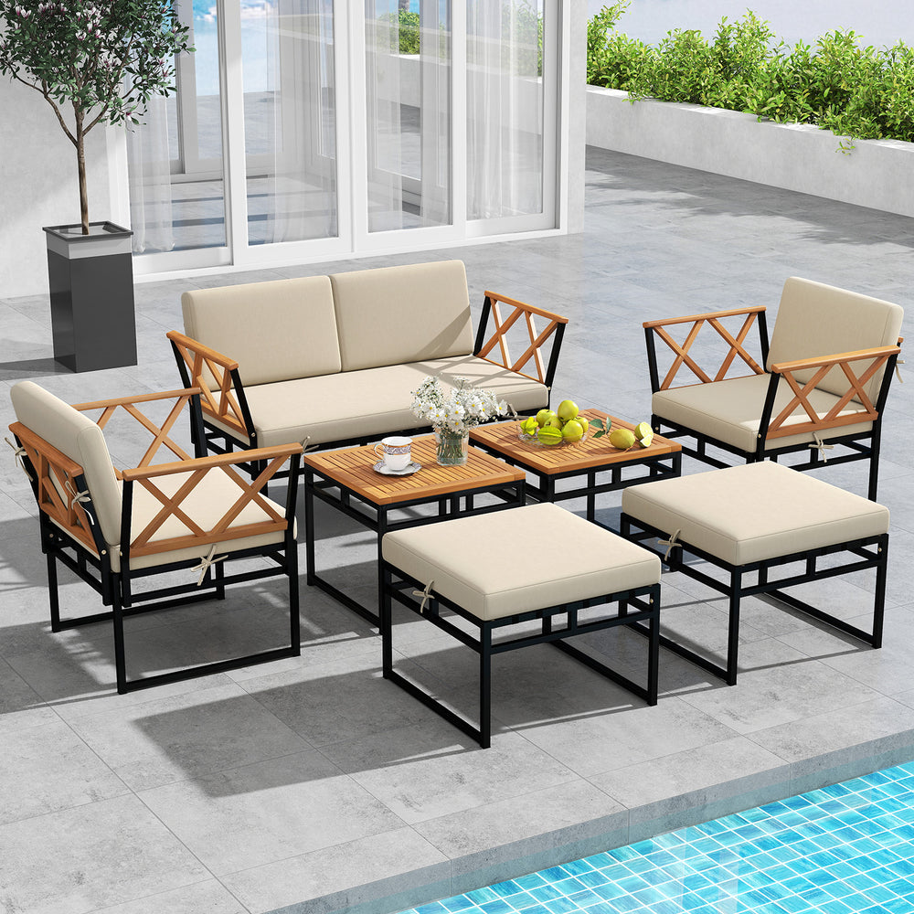 Heavy-duty metal frame offers strong support<br>Firm screw connection for strengthened structure<br>Acacia wood tabletop  armrest and backrest for natural elegance<br>Cross-woven bungee rope provides elasticity and support<br>Enjoy optimal cushioned comfo