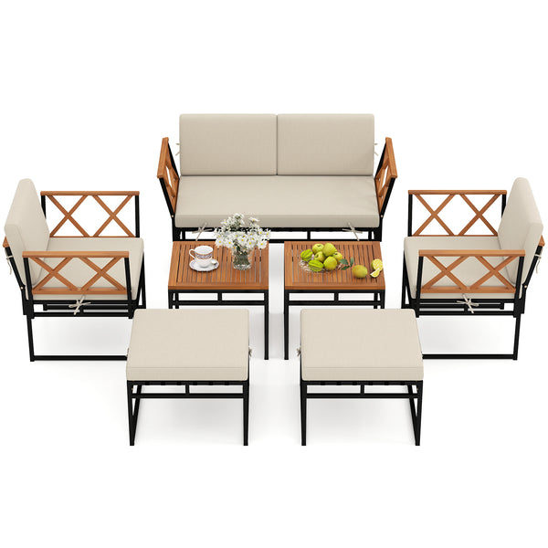 Heavy-duty metal frame offers strong support<br>Firm screw connection for strengthened structure<br>Acacia wood tabletop  armrest and backrest for natural elegance<br>Cross-woven bungee rope provides elasticity and support<br>Enjoy optimal cushioned comfo