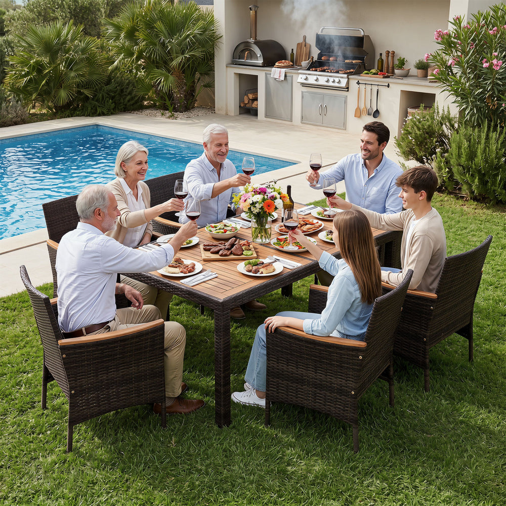 Hand-woven PE wicker  acacia wood  sturdy metal frame for enduring outdoor use<br>Generously sized chairs with thick soft padded cushions for sofa-like comfort<br>Ergonomic curved armrests and high backrests for all-day lounging support<br>2" umbrella hol