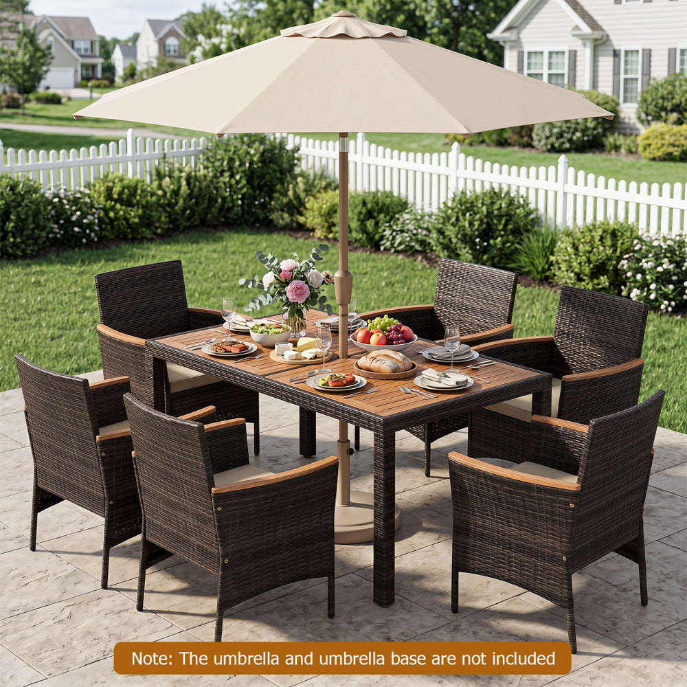 Hand-woven PE wicker  acacia wood  sturdy metal frame for enduring outdoor use<br>Generously sized chairs with thick soft padded cushions for sofa-like comfort<br>Ergonomic curved armrests and high backrests for all-day lounging support<br>2" umbrella hol
