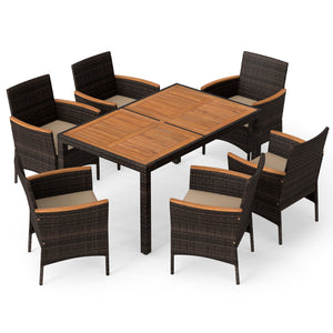 Hand-woven PE wicker  acacia wood  sturdy metal frame for enduring outdoor use<br>Generously sized chairs with thick soft padded cushions for sofa-like comfort<br>Ergonomic curved armrests and high backrests for all-day lounging support<br>2" umbrella hol