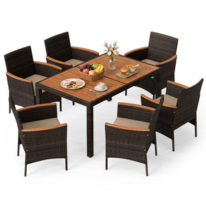 Hand-woven PE wicker  acacia wood  sturdy metal frame for enduring outdoor use<br>Generously sized chairs with thick soft padded cushions for sofa-like comfort<br>Ergonomic curved armrests and high backrests for all-day lounging support<br>2" umbrella hol