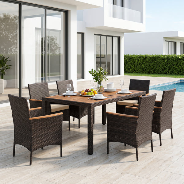 Hand-woven PE wicker  acacia wood  sturdy metal frame for enduring outdoor use<br>Generously sized chairs with thick soft padded cushions for sofa-like comfort<br>Ergonomic curved armrests and high backrests for all-day lounging support<br>2" umbrella hol