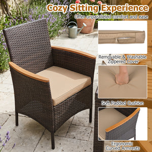 Hand-woven PE wicker  acacia wood  sturdy metal frame for enduring outdoor use<br>Generously sized chairs with thick soft padded cushions for sofa-like comfort<br>Ergonomic curved armrests and high backrests for all-day lounging support<br>2" umbrella hol