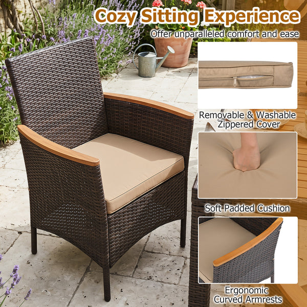 Hand-woven PE wicker  acacia wood  sturdy metal frame for enduring outdoor use<br>Generously sized chairs with thick soft padded cushions for sofa-like comfort<br>Ergonomic curved armrests and high backrests for all-day lounging support<br>2" umbrella hol