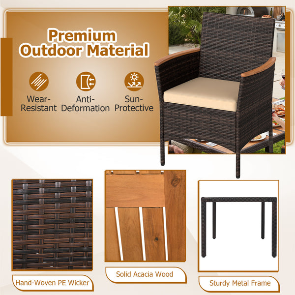 Hand-woven PE wicker  acacia wood  sturdy metal frame for enduring outdoor use<br>Generously sized chairs with thick soft padded cushions for sofa-like comfort<br>Ergonomic curved armrests and high backrests for all-day lounging support<br>2" umbrella hol