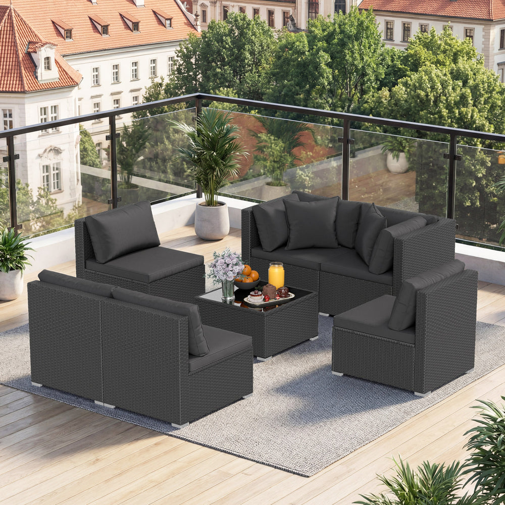 Free combination of sectional sofa as per your needs<br>Solid structure with L shape aluminum feet<br>Exquisite PE wicker frame adds unique charm<br>Comfortable sofa set with thick cushions and soft pillows<br>The cover of seat cushion is removable and wa