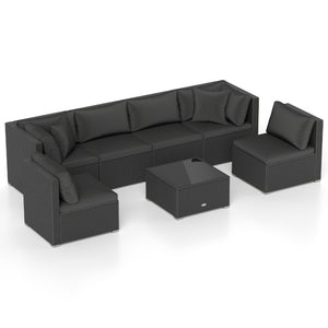 Free combination of sectional sofa as per your needs<br>Solid structure with L shape aluminum feet<br>Exquisite PE wicker frame adds unique charm<br>Comfortable sofa set with thick cushions and soft pillows<br>The cover of seat cushion is removable and wa