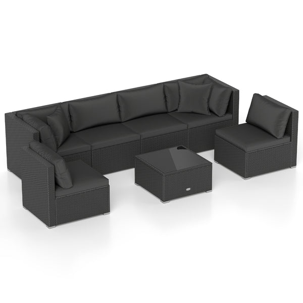 Free combination of sectional sofa as per your needs<br>Solid structure with L shape aluminum feet<br>Exquisite PE wicker frame adds unique charm<br>Comfortable sofa set with thick cushions and soft pillows<br>The cover of seat cushion is removable and wa