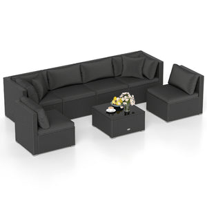 Free combination of sectional sofa as per your needs<br>Solid structure with L shape aluminum feet<br>Exquisite PE wicker frame adds unique charm<br>Comfortable sofa set with thick cushions and soft pillows<br>The cover of seat cushion is removable and wa