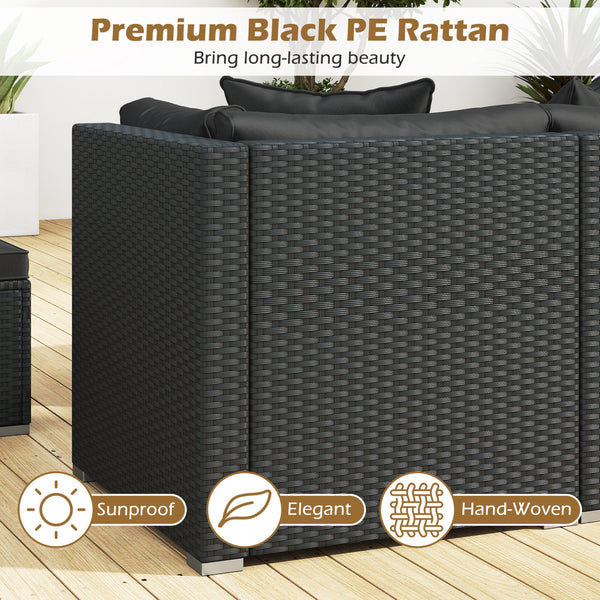 Free combination of sectional sofa as per your needs<br>Solid structure with L shape aluminum feet<br>Exquisite PE wicker frame adds unique charm<br>Comfortable sofa set with thick cushions and soft pillows<br>The cover of seat cushion is removable and wa