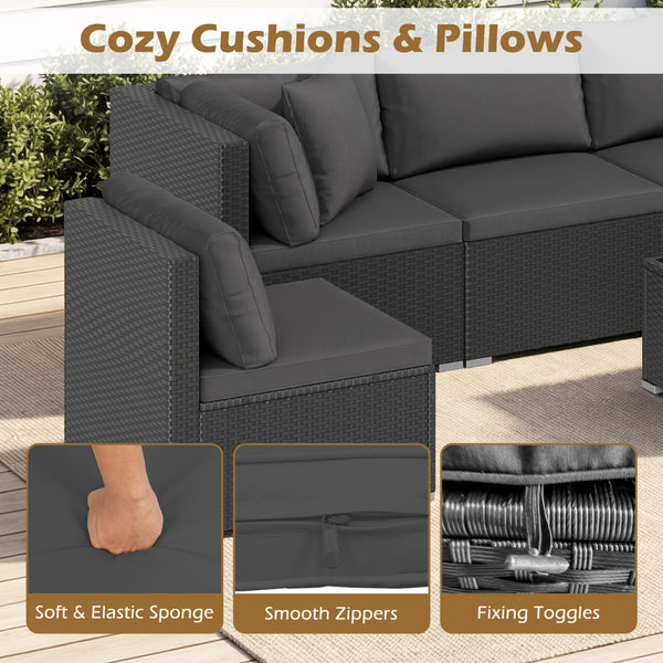 Free combination of sectional sofa as per your needs<br>Solid structure with L shape aluminum feet<br>Exquisite PE wicker frame adds unique charm<br>Comfortable sofa set with thick cushions and soft pillows<br>The cover of seat cushion is removable and wa