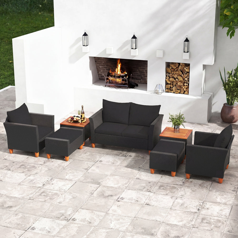Practical side table with interior storage space for convenience<br>Easy and safe to open the acacia wood tabletop with buffer gas rods<br>Hand-woven PE rattan and heavy-duty metal frame for reliability<br>Soft pillows and cushions filled with high-densit