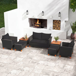 Practical side table with interior storage space for convenience<br>Easy and safe to open the acacia wood tabletop with buffer gas rods<br>Hand-woven PE rattan and heavy-duty metal frame for reliability<br>Soft pillows and cushions filled with high-densit