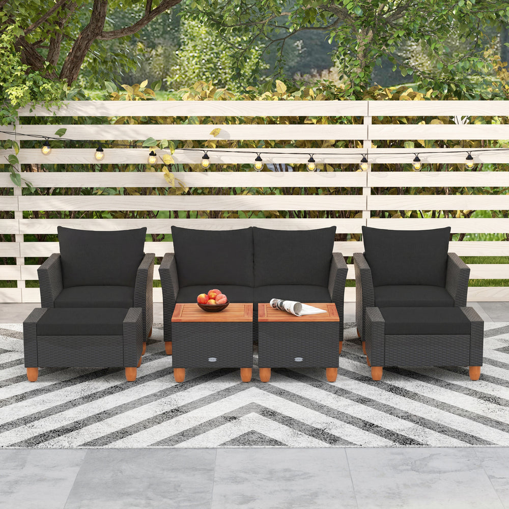 Practical side table with interior storage space for convenience<br>Easy and safe to open the acacia wood tabletop with buffer gas rods<br>Hand-woven PE rattan and heavy-duty metal frame for reliability<br>Soft pillows and cushions filled with high-densit