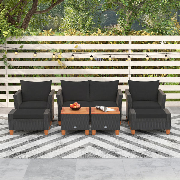 Practical side table with interior storage space for convenience<br>Easy and safe to open the acacia wood tabletop with buffer gas rods<br>Hand-woven PE rattan and heavy-duty metal frame for reliability<br>Soft pillows and cushions filled with high-densit