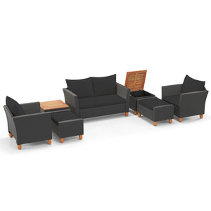 Practical side table with interior storage space for convenience<br>Easy and safe to open the acacia wood tabletop with buffer gas rods<br>Hand-woven PE rattan and heavy-duty metal frame for reliability<br>Soft pillows and cushions filled with high-densit