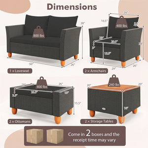 Practical side table with interior storage space for convenience<br>Easy and safe to open the acacia wood tabletop with buffer gas rods<br>Hand-woven PE rattan and heavy-duty metal frame for reliability<br>Soft pillows and cushions filled with high-densit