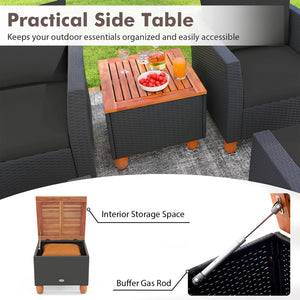 Practical side table with interior storage space for convenience<br>Easy and safe to open the acacia wood tabletop with buffer gas rods<br>Hand-woven PE rattan and heavy-duty metal frame for reliability<br>Soft pillows and cushions filled with high-densit
