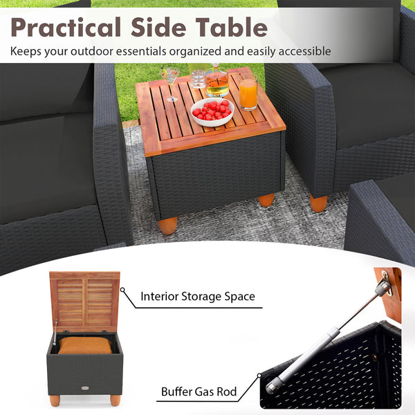Practical side table with interior storage space for convenience<br>Easy and safe to open the acacia wood tabletop with buffer gas rods<br>Hand-woven PE rattan and heavy-duty metal frame for reliability<br>Soft pillows and cushions filled with high-densit