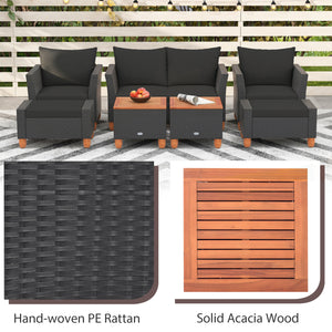 Practical side table with interior storage space for convenience<br>Easy and safe to open the acacia wood tabletop with buffer gas rods<br>Hand-woven PE rattan and heavy-duty metal frame for reliability<br>Soft pillows and cushions filled with high-densit