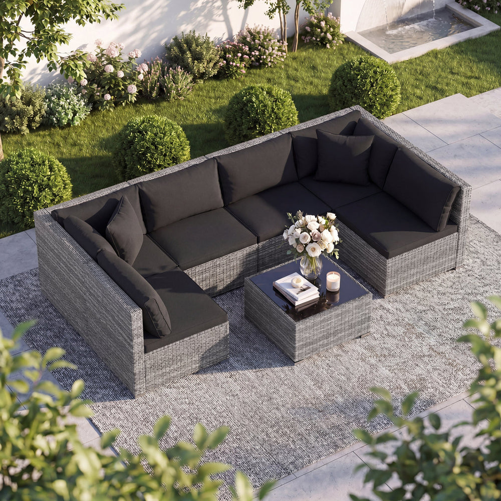 Ship in 3 boxes (screws in the first box) that may have different arrival times<br>[Black/Gray option] Ship in 2 boxes that may have different arrival times<br>Package includes 1 coffee table  2 corner sofas  4 armless sofas  6 seat cushions  8 back cushi