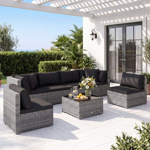 Ship in 3 boxes (screws in the first box) that may have different arrival times<br>[Black/Gray option] Ship in 2 boxes that may have different arrival times<br>Package includes 1 coffee table  2 corner sofas  4 armless sofas  6 seat cushions  8 back cushi