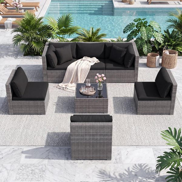Ship in 3 boxes (screws in the first box) that may have different arrival times<br>[Black/Gray option] Ship in 2 boxes that may have different arrival times<br>Package includes 1 coffee table  2 corner sofas  4 armless sofas  6 seat cushions  8 back cushi