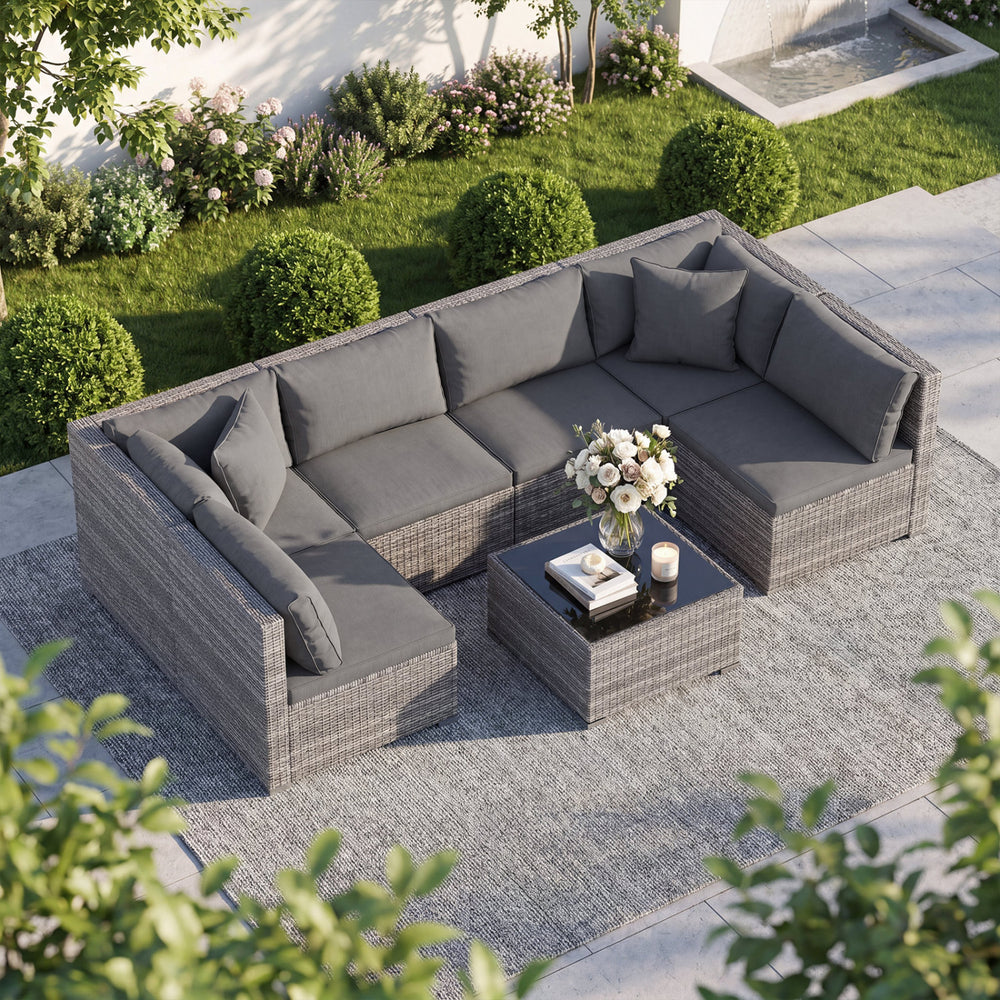 Ship in 3 boxes (screws in the first box) that may have different arrival times<br>[Black/Gray option] Ship in 2 boxes that may have different arrival times<br>Package includes 1 coffee table  2 corner sofas  4 armless sofas  6 seat cushions  8 back cushi