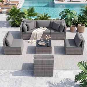 Ship in 3 boxes (screws in the first box) that may have different arrival times<br>[Black/Gray option] Ship in 2 boxes that may have different arrival times<br>Package includes 1 coffee table  2 corner sofas  4 armless sofas  6 seat cushions  8 back cushi