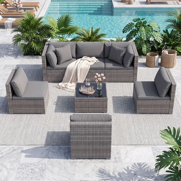 Ship in 3 boxes (screws in the first box) that may have different arrival times<br>[Black/Gray option] Ship in 2 boxes that may have different arrival times<br>Package includes 1 coffee table  2 corner sofas  4 armless sofas  6 seat cushions  8 back cushi