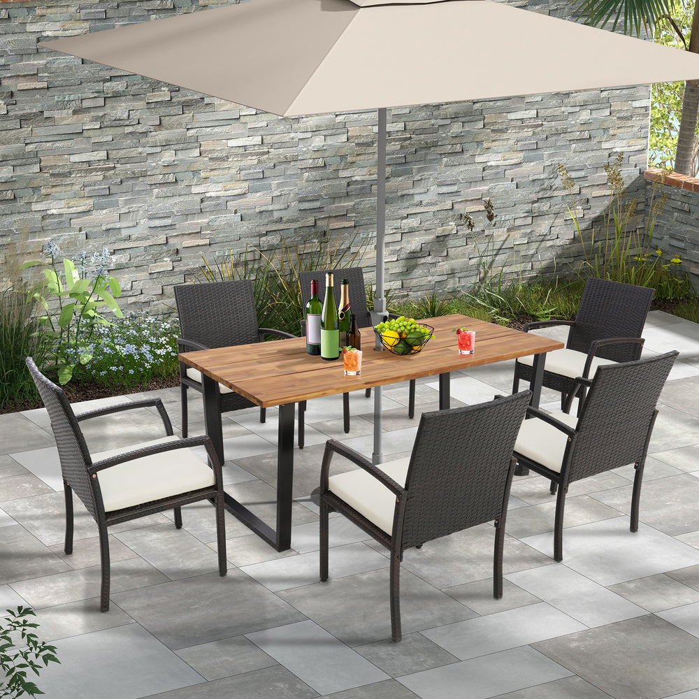 Each box includes a corresponding screw bag<br>Cozy to sit with an ergonomic seat and elastic cushions<br>Easy to remove and wash the cushion cover with a zipper design<br>Built-to-last PE rattan is also elegant in look<br>Acacia wood tabletop looks natur