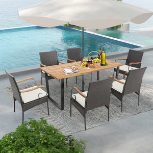 Each box includes a corresponding screw bag<br>Cozy to sit with an ergonomic seat and elastic cushions<br>Easy to remove and wash the cushion cover with a zipper design<br>Built-to-last PE rattan is also elegant in look<br>Acacia wood tabletop looks natur