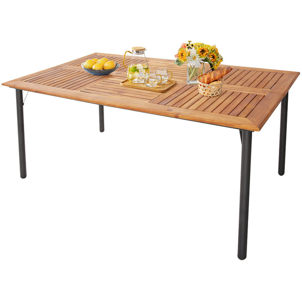 The product is delivered in 3 boxes and the arrival time may vary  each box contains the corresponding screw kits<br>The tabletop is made of acacia wood  weather-proof  water-repellent  durable<br>The thickened metal supporting legs with rustproof coating