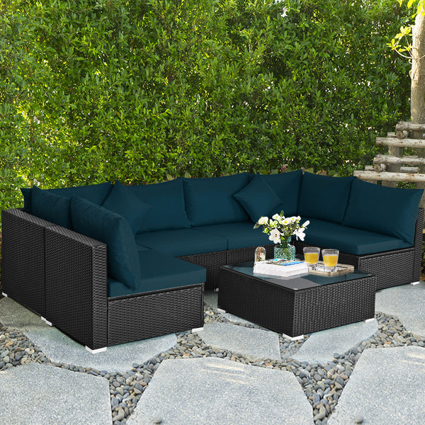 Free combination of sectional sofa as per your needs<br>Solid structure with L shape aluminum feet<br>Exquisite PE wicker frame adds unique charm<br>Comfortable sofa set with thick cushions and soft pillows<br>The cover of seat cushion is removable and wa