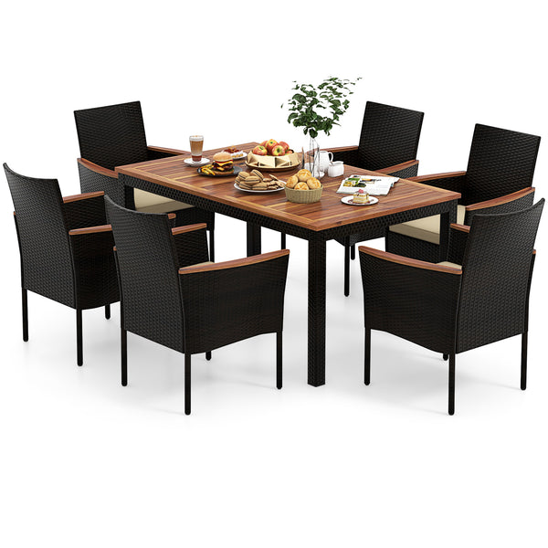 This stylish and functional set includes 6 stackable chairs with armrests  as well as a spacious wooden tabletop dining table. The durable rattan construction is weather-resistant and perfect for outdoor use  while the 1.96'' umbrella hole in the table al