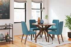 This dining set is a refreshed take on retro aesthetics. The dining table adds an air of playful simplicity to your dining space and the side chair seats invite the eye with a soft-edged silhouette cushion. This set captures the architectural language of 